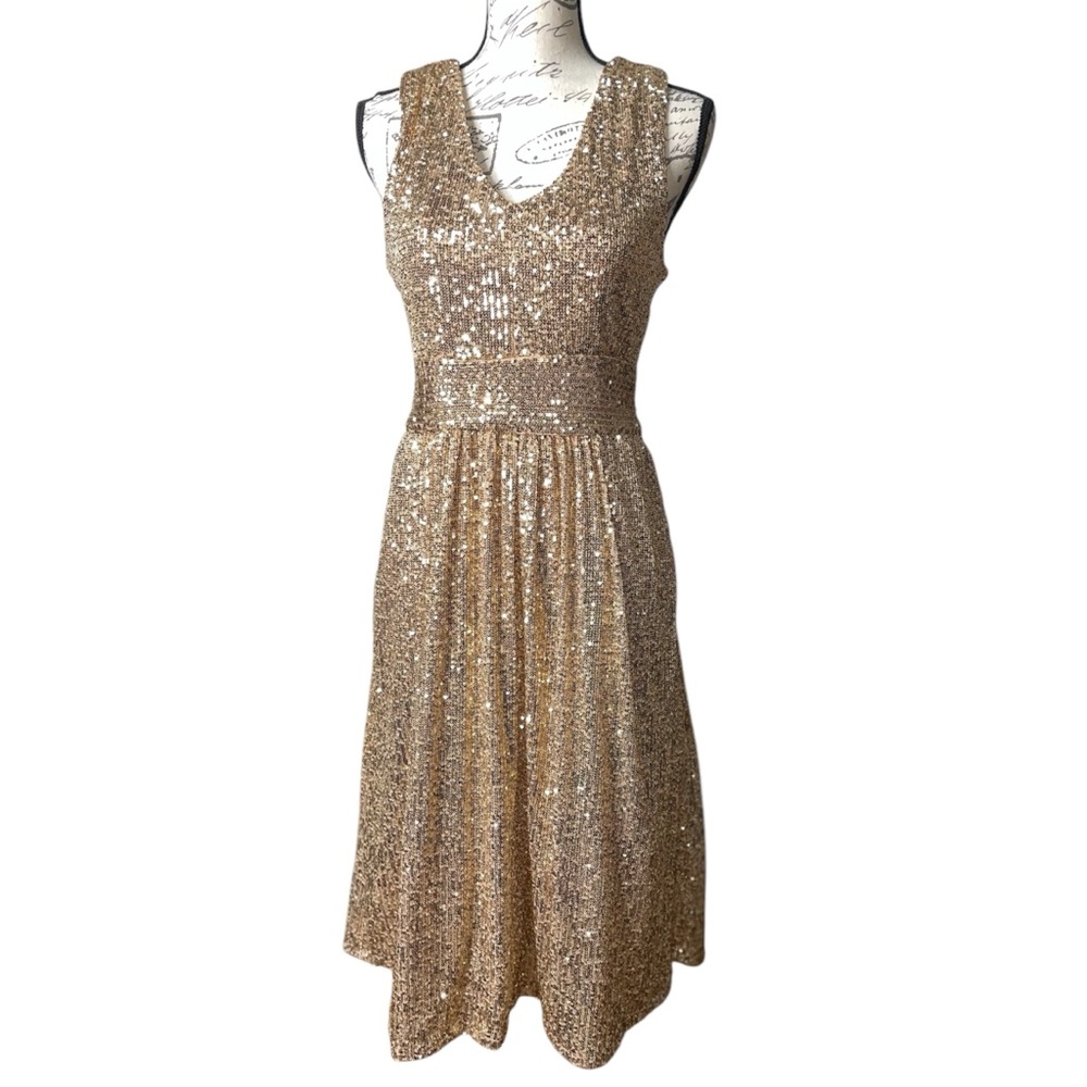Gold Sequin Dress Formal Sleeveless V-Neck Party Dress with Ruffle Balloon Hem - Picture 1 of 9